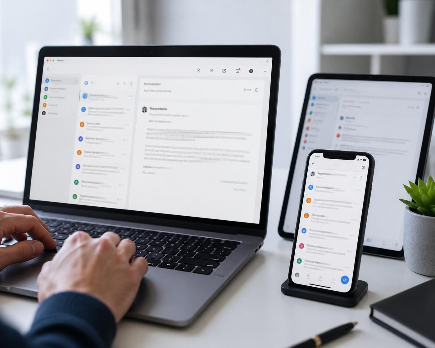 Correo corporativo sincronizado entre laptop, tablet y celular